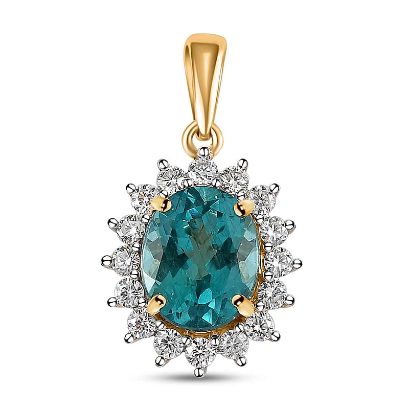 Luxoro 10K Yellow Gold Madagascar Paraiba Apatite and Moissanite Sunburst Pendant 3.85 ctw