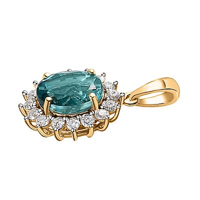 Luxoro 10K Yellow Gold Madagascar Paraiba Apatite and Moissanite Sunburst Pendant 3.85 ctw