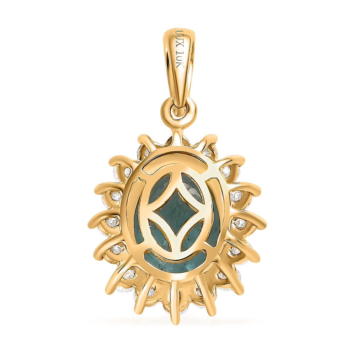 Luxoro 10K Yellow Gold Madagascar Paraiba Apatite and Moissanite Sunburst Pendant 3.85 ctw
