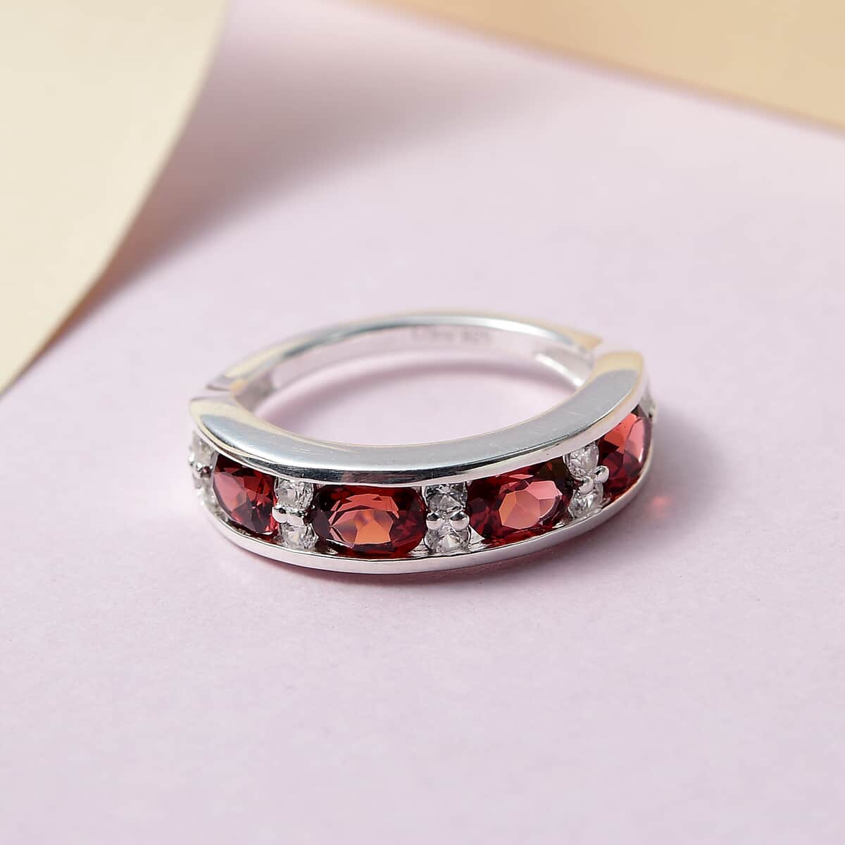 Orissa Rose Garnet, Natural White Zircon Band Ring in Sterling Silver (Size 10.0) 2.00 ctw image number 1