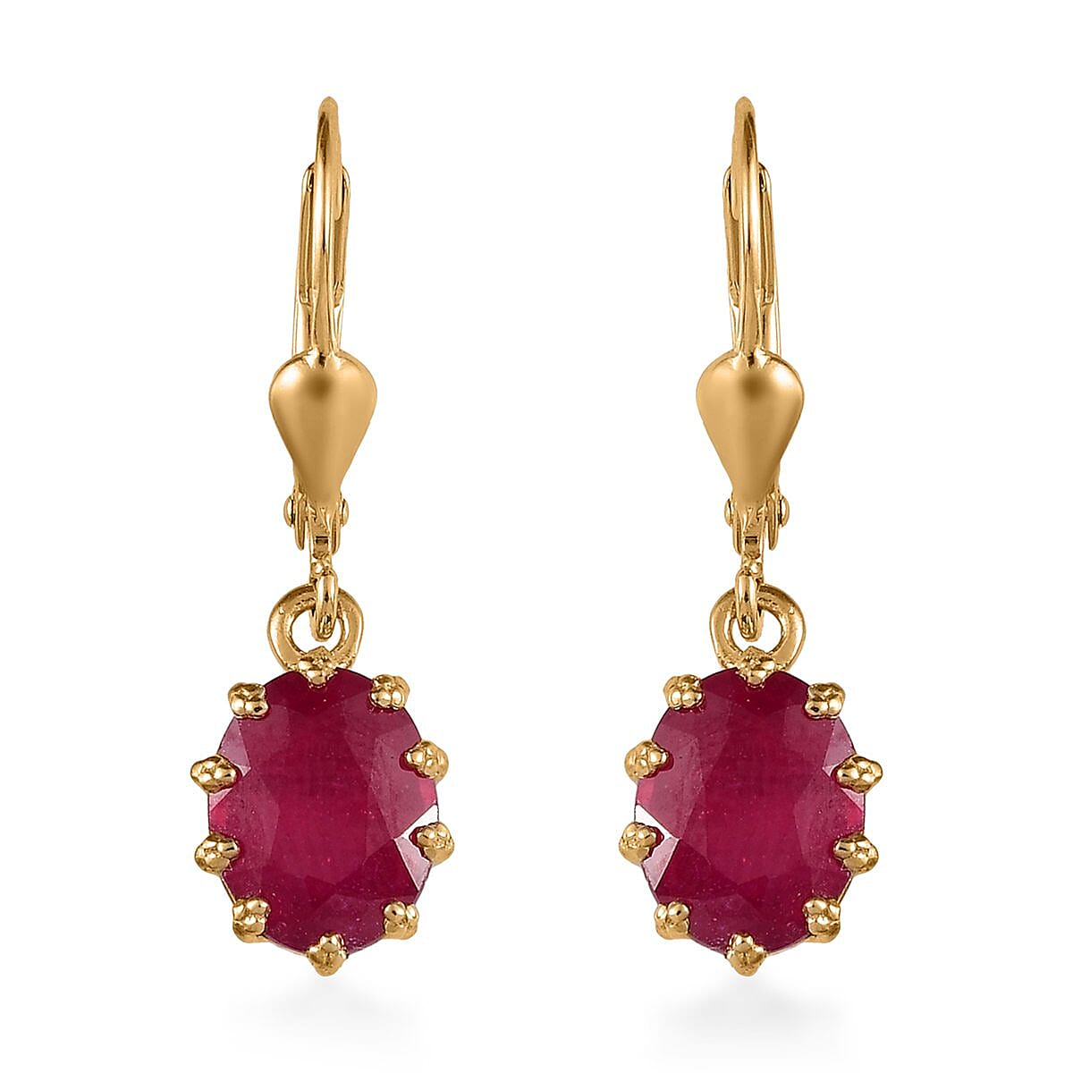 Niassa Ruby (FF) Solitaire Lever Back Earrings in Vermeil Yellow Gold Over Sterling Silver 5.40 ctw