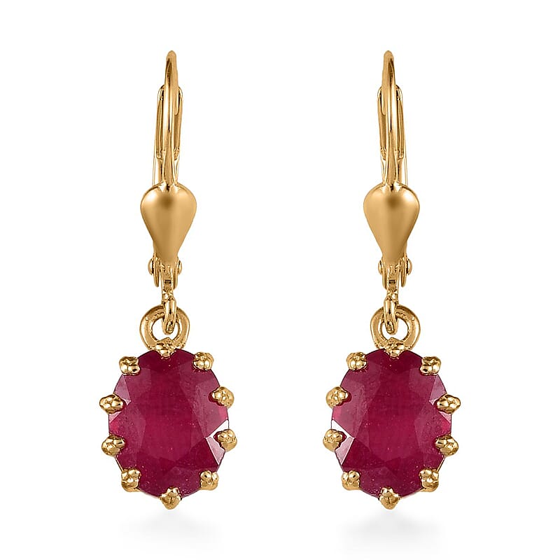 Niassa Ruby (FF) Solitaire Lever Back Earrings in Vermeil Yellow Gold Over Sterling Silver 5.40 ctw