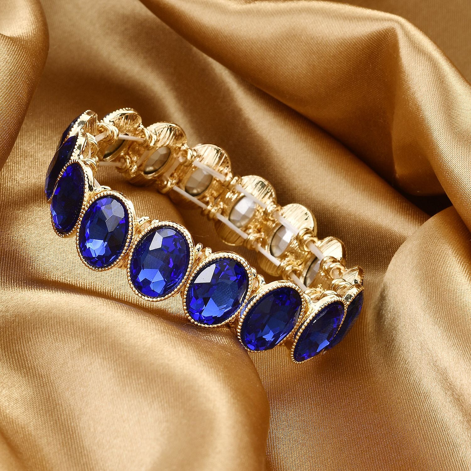 Blue Glass Tennis Bracelet in Goldtone (6.50-7.0In)