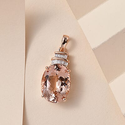 Luxoro 14K Rose Gold AAA Marropino Morganite and G-H I2 Diamond Pendant 8.90 ctw