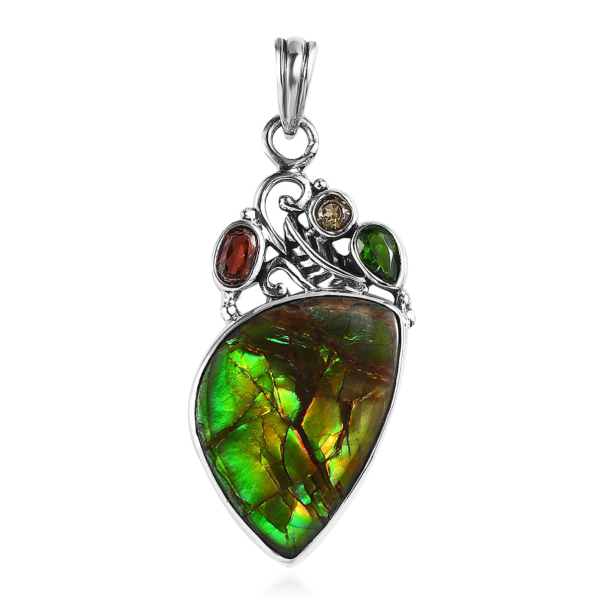 Artisan Crafted Canadian Ammolite and Multi Gemstone Pendant in Sterling Silver 0.65 ctw image number 0