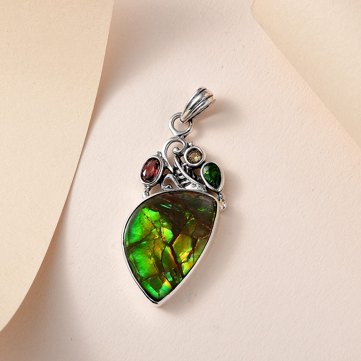 Artisan Crafted Canadian Ammolite and Multi Gemstone Pendant in Sterling Silver 0.65 ctw image number 1