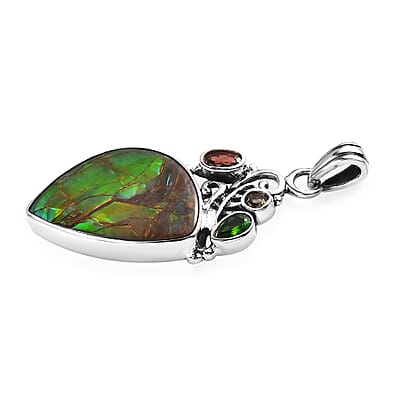 Artisan Crafted Canadian Ammolite and Multi Gemstone Pendant in Sterling Silver 0.65 ctw