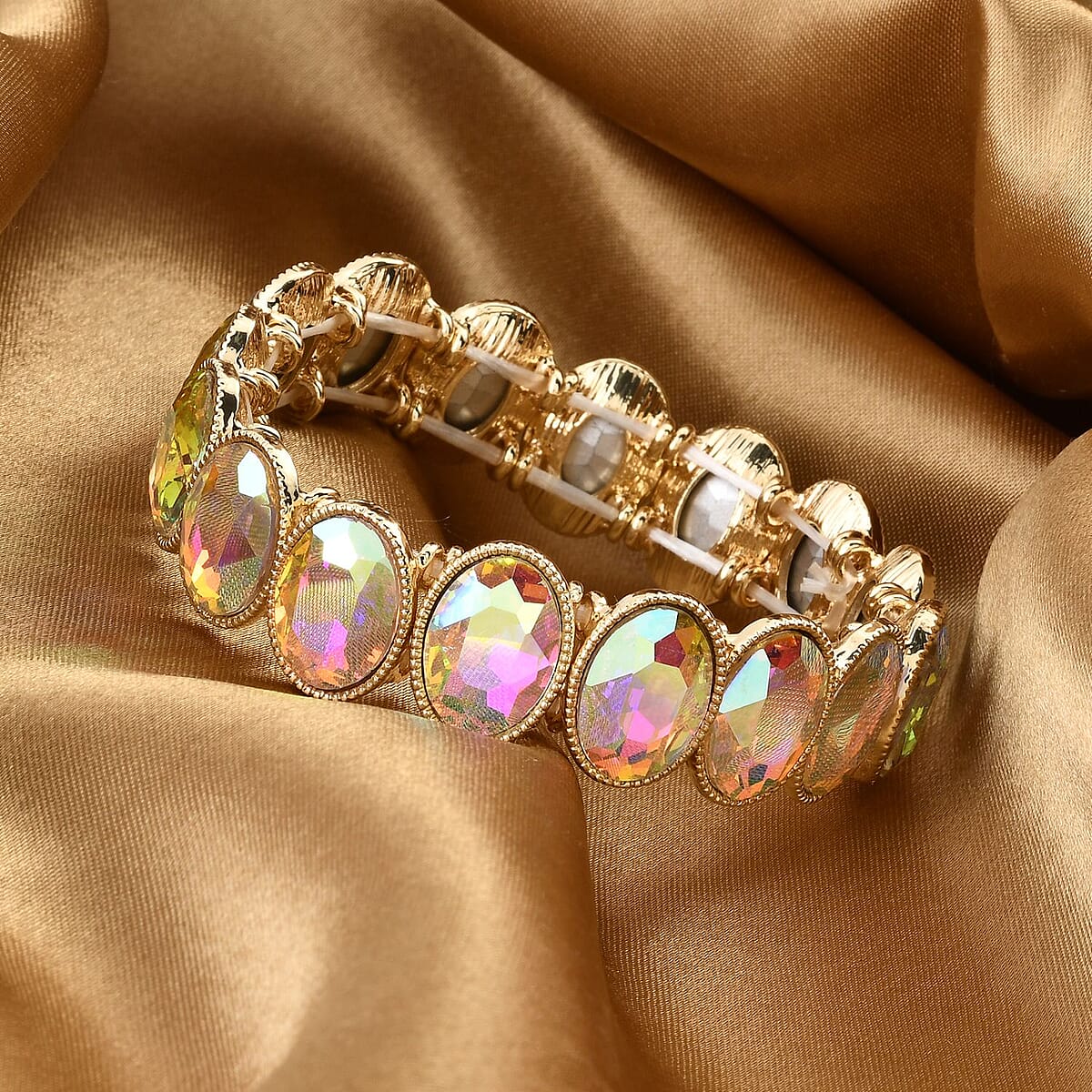 White Aurora Borealis Glass Tennis Bracelet in Goldtone (6.50-7.0In) image number 1