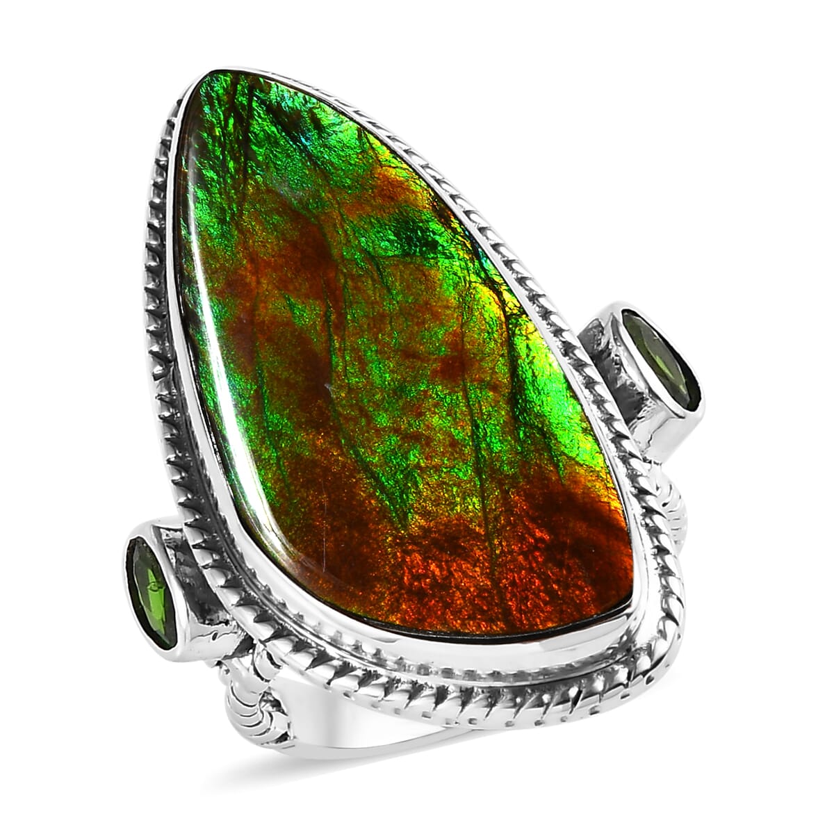 Artisan Crafted Canadian Ammolite and Chrome Diopside Ring in Sterling Silver (Size 10.0) 0.50 ctw image number 0