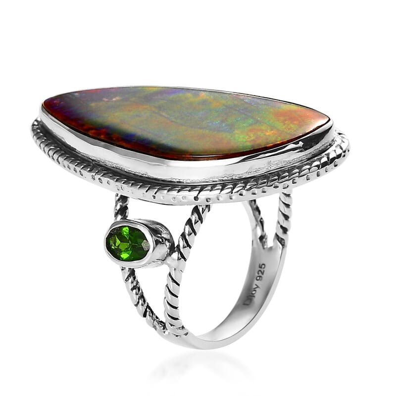 Artisan Crafted Canadian Ammolite and Chrome Diopside Ring in Sterling Silver (Size 10.0) 0.50 ctw