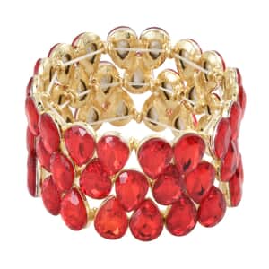 Red Glass 3 Row Bracelet in Goldtone (6.50-7.0In)