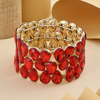 Red Glass 3 Row Bracelet in Goldtone (6.50-7.0In)
