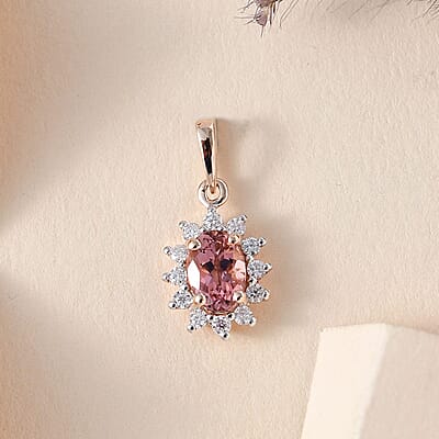 Luxoro 10K Rose Gold Premium Blush Tourmaline and Moissanite Sunburst Pendant 0.75 ctw