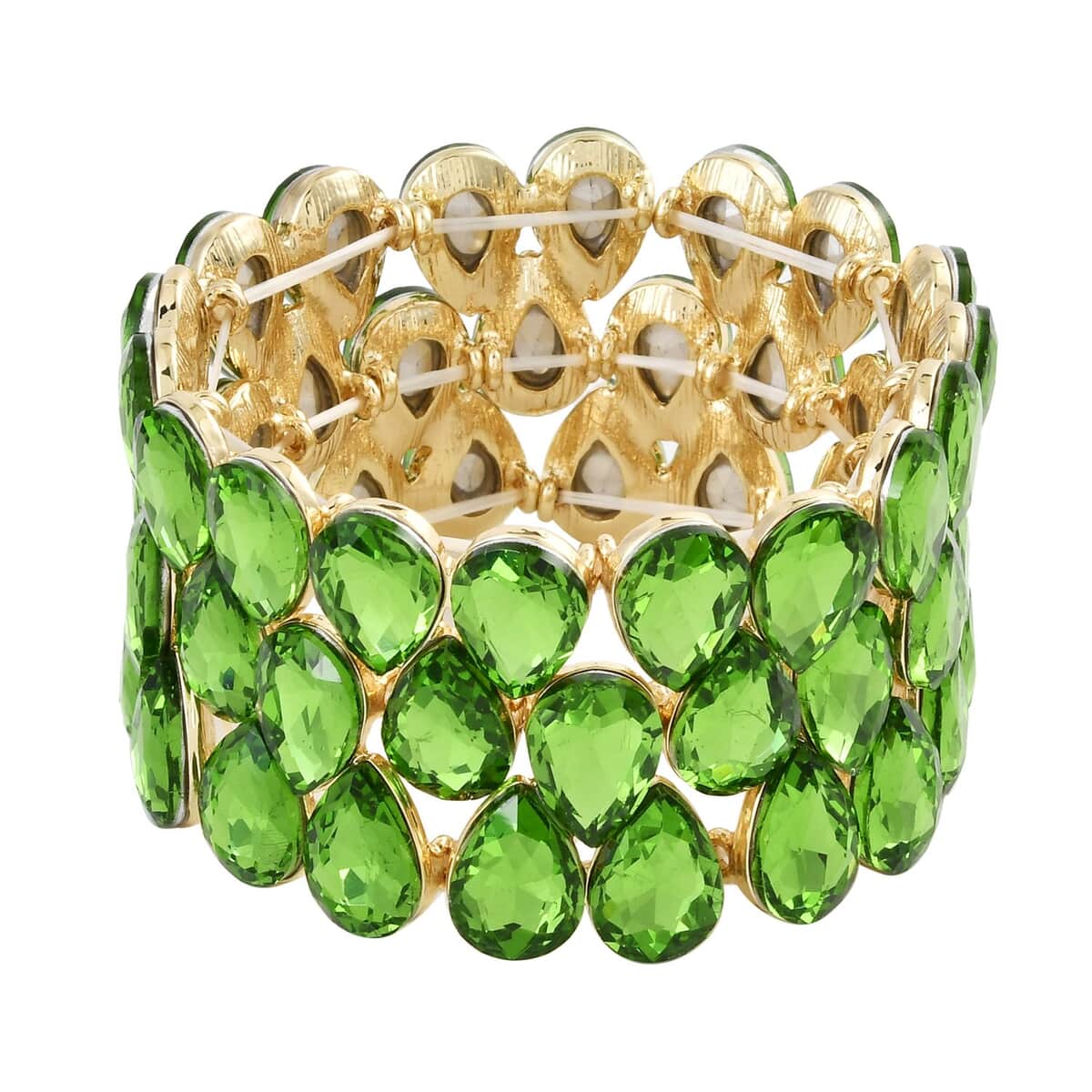 Emerald Color Glass 3 Row Bracelet in Goldtone (6.50-7.0In) image number 0