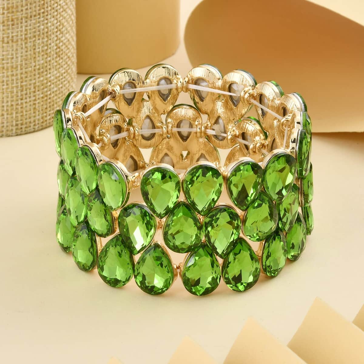 Emerald Color Glass 3 Row Bracelet in Goldtone (6.50-7.0In) image number 1