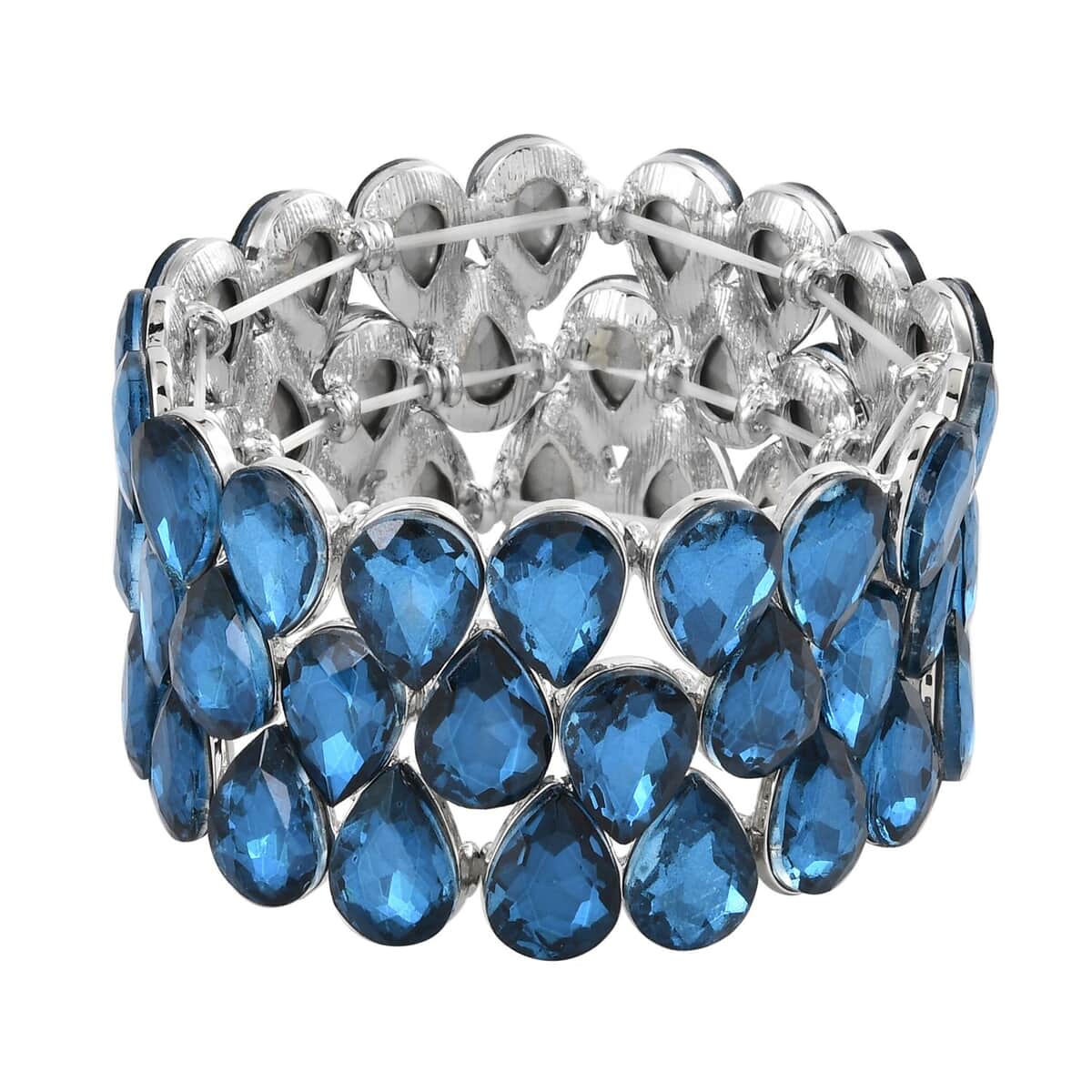 Blue Glass 3 Row Bracelet in Silvertone (6.50-7.0In) image number 0