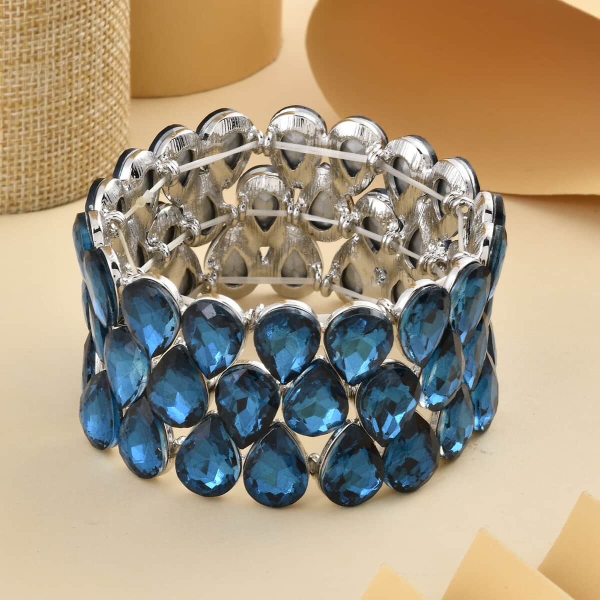 Blue Glass 3 Row Bracelet in Silvertone (6.50-7.0In) image number 1