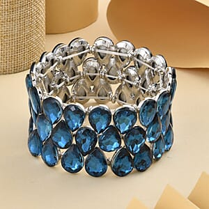 Blue Glass 3 Row Bracelet in Silvertone (6.50-7.0In)