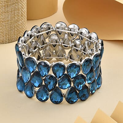 Blue Glass 3 Row Bracelet in Silvertone (6.50-7.0In)