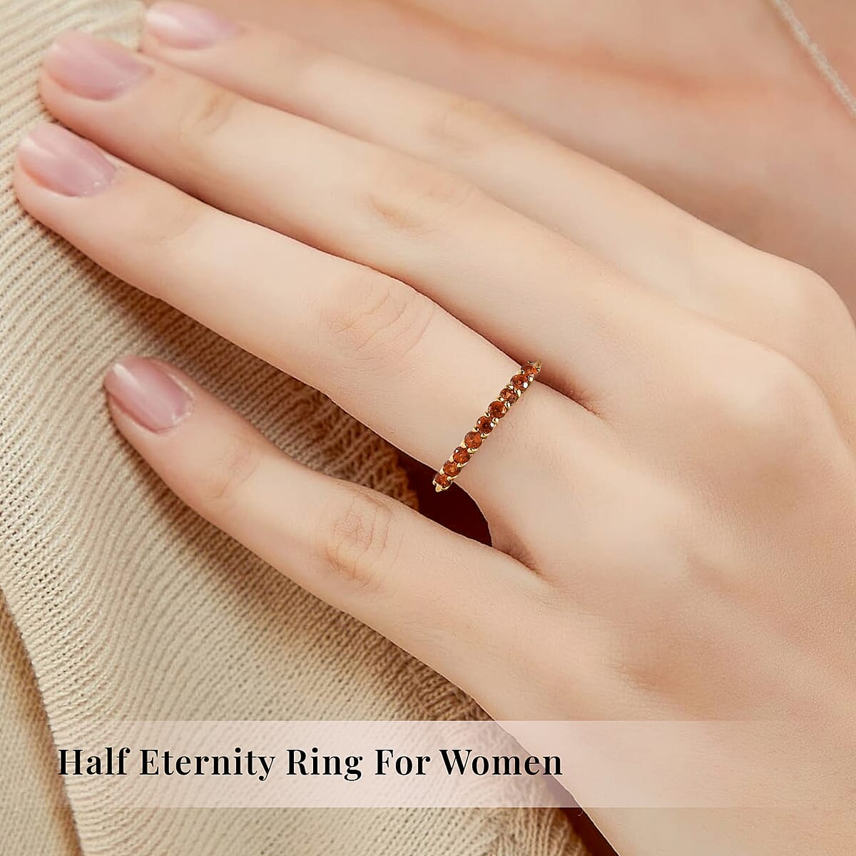 Luxoro Premium Viceroy Spessartine Garnet 0.50 ctw Ring, 10K Yellow Gold Ring, Half Band Ring, 9 Stone Ring, Gold Half Band Ring, Garnet Band Ring (Size 6.0) image number 1