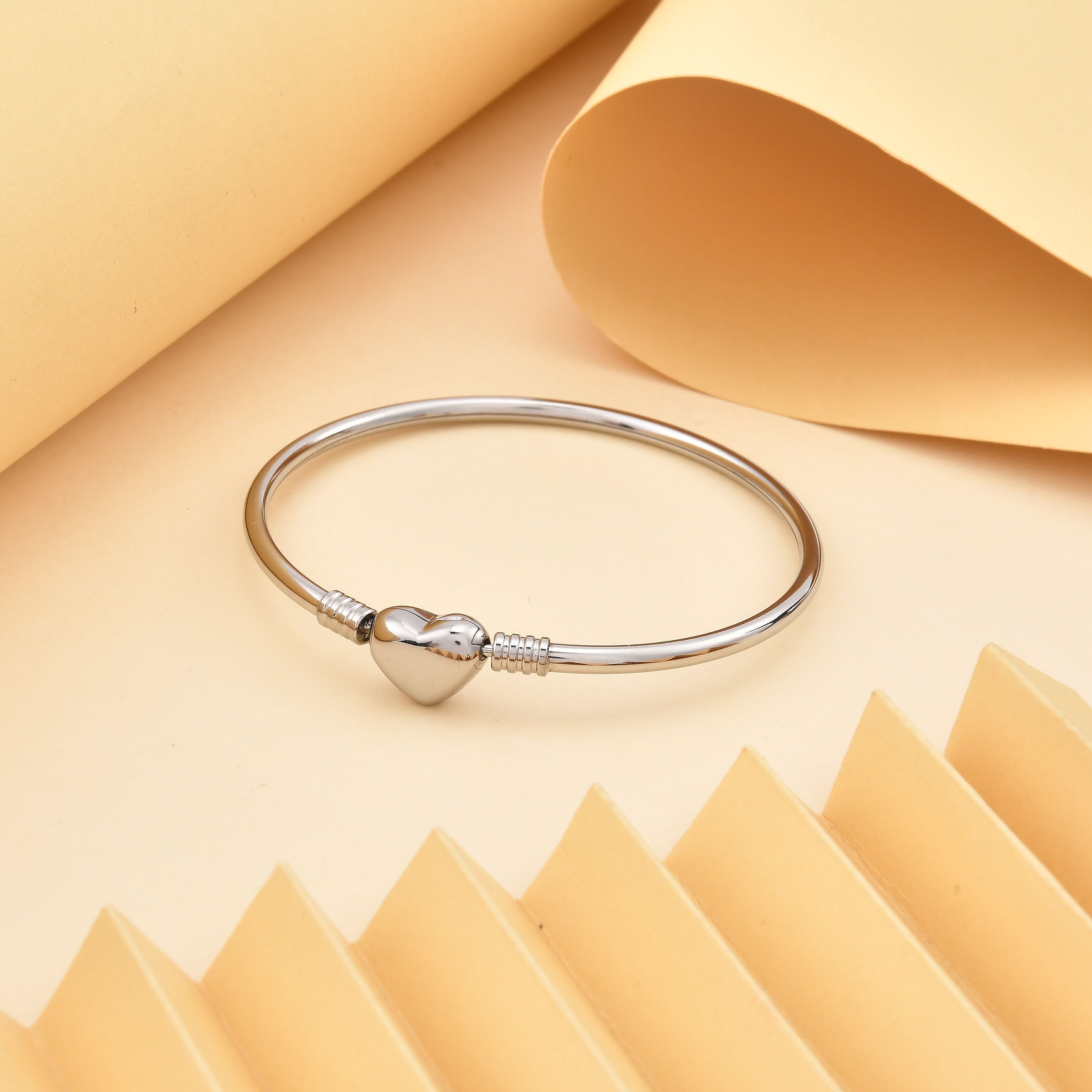 3mm Bangle Bracelet in Stainless Steel (7.00 In) with Heart Shape Lock , Tarnish-Free, Waterproof, Sweat Proof Jewelry
