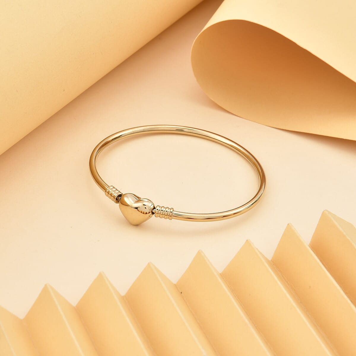 3mm Bangle Bracelet in ION Plated YG Stainless Steel (7.00 In) with Heart Shape Lock , Tarnish-Free, Waterproof, Sweat Proof Jewelry image number 1