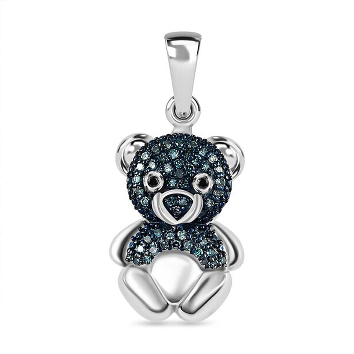 Blue and Black Diamond Teddy Bear Pendant in Rhodium and Platinum Over Sterling Silver 0.50 ctw
