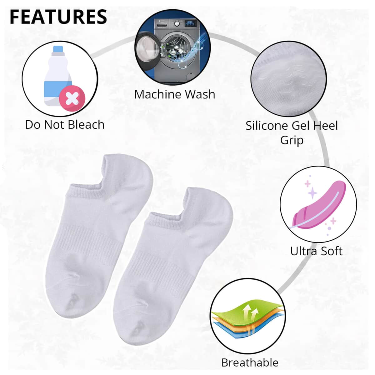 Set of 4 Pair Bamboo Infused Super Low Invisible Socks with Anti-Slip Silicone Heel Grip - White image number 1