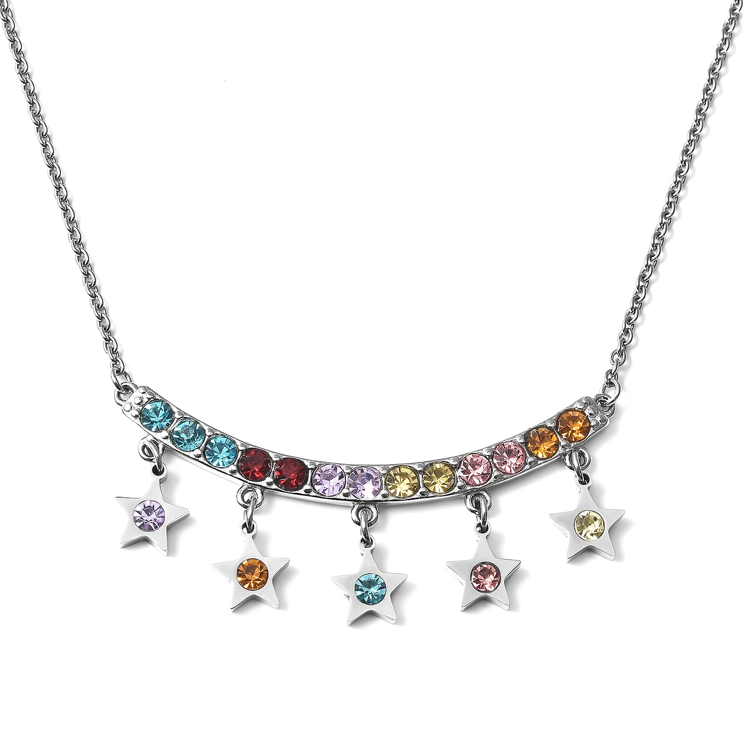 Multi Color Austrian Crystal 5 Star Necklace 20 Inches in Stainless Steel 4.20 ctw