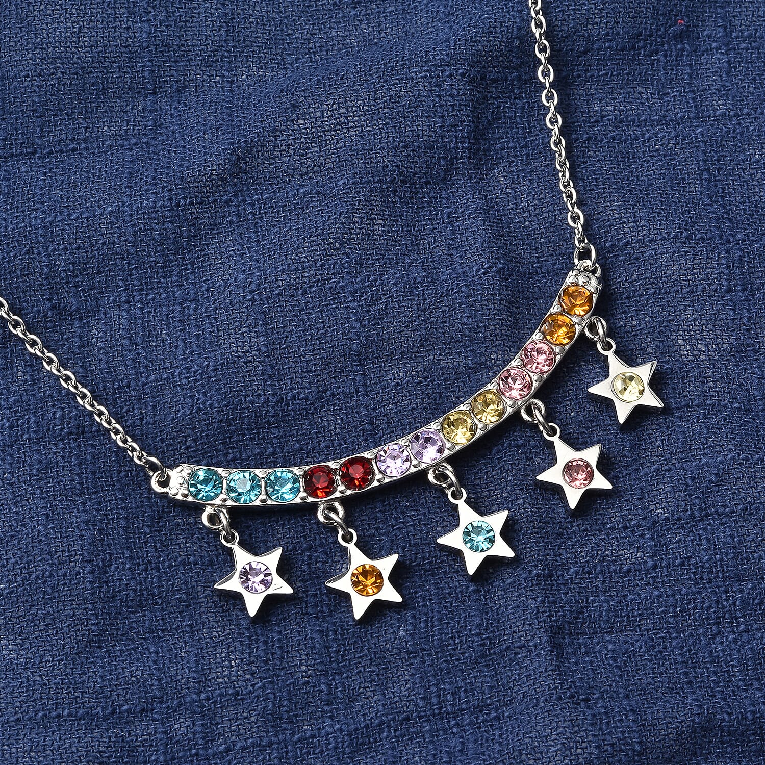 Multi Color Austrian Crystal 5 Star Necklace 20 Inches in Stainless Steel 4.20 ctw