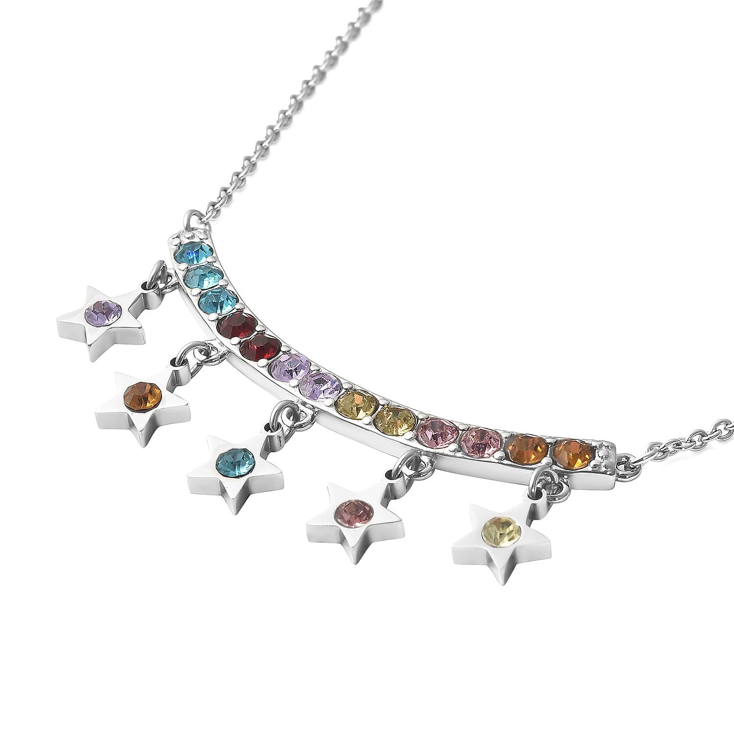 Multi Color Austrian Crystal 5 Star Necklace 20 Inches in Stainless Steel 4.20 ctw