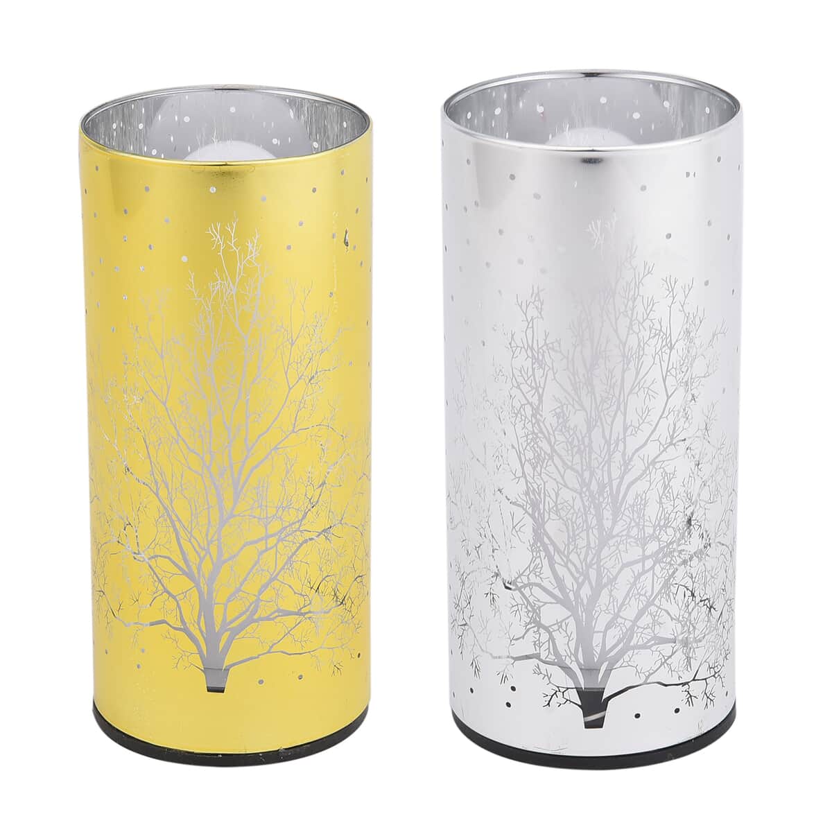 Set of 2 Golden & Silver Hollow-Out Tree Pattern Flame Led Lantern For Christmas Decorations, Festive Lanterns LED Light For Tabletop Home Desk Decor (3xAAA Batteries Not Included) image number 0