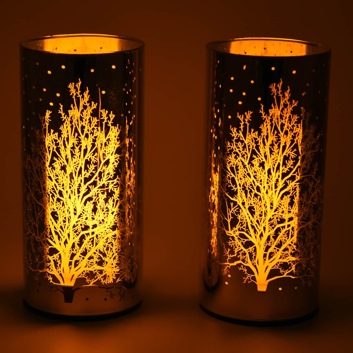 Set of 2 Golden & Silver Hollow-Out Tree Pattern Flame Led Lantern For Christmas Decorations, Festive Lanterns LED Light For Tabletop Home Desk Decor (3xAAA Batteries Not Included) image number 1