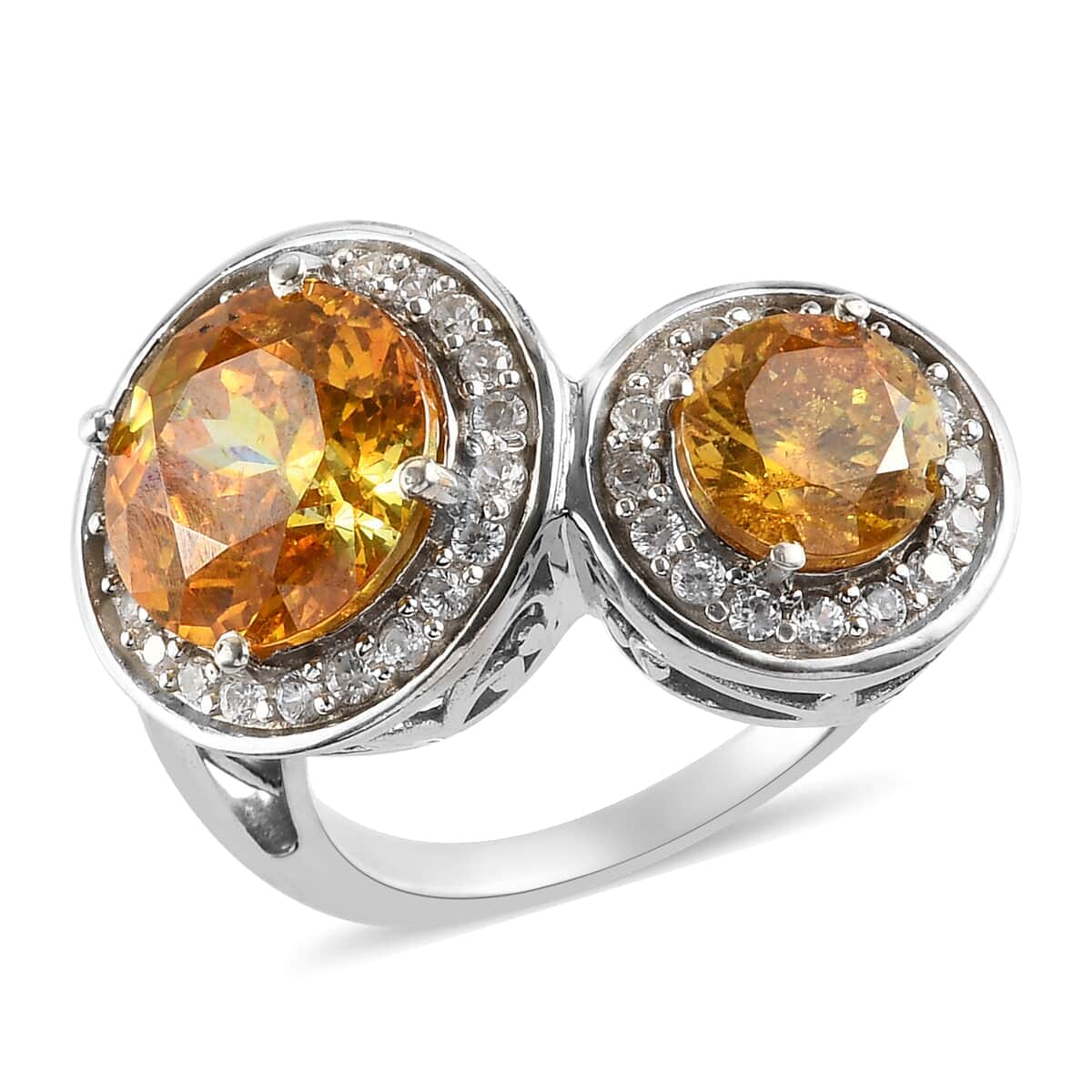 Picos Altos Yellow Sphalerite and White Zircon Bypass Ring in Platinum Over Sterling Silver (Size 7.0) 7.50 ctw image number 0
