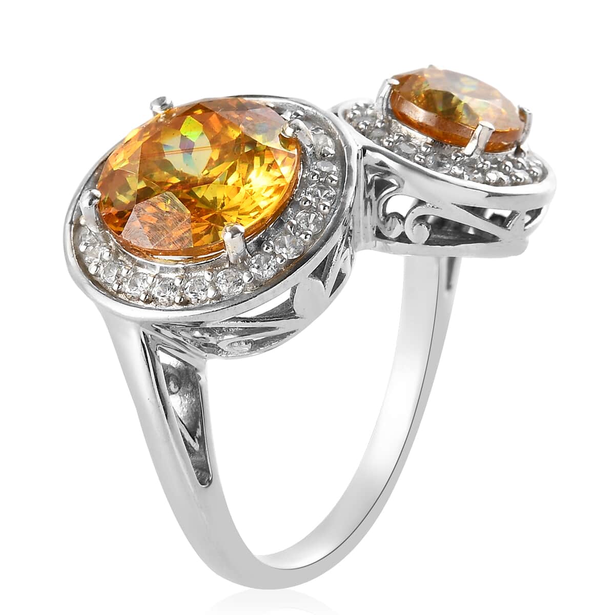 Picos Altos Yellow Sphalerite and White Zircon Bypass Ring in Platinum Over Sterling Silver (Size 7.0) 7.50 ctw image number 3