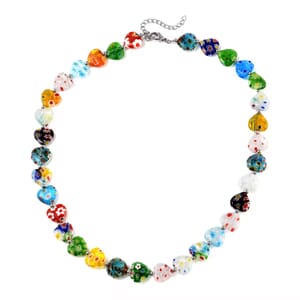 Multi Color Murano Style Heart Beaded Necklace in Stainless Steel 18-20 Inches