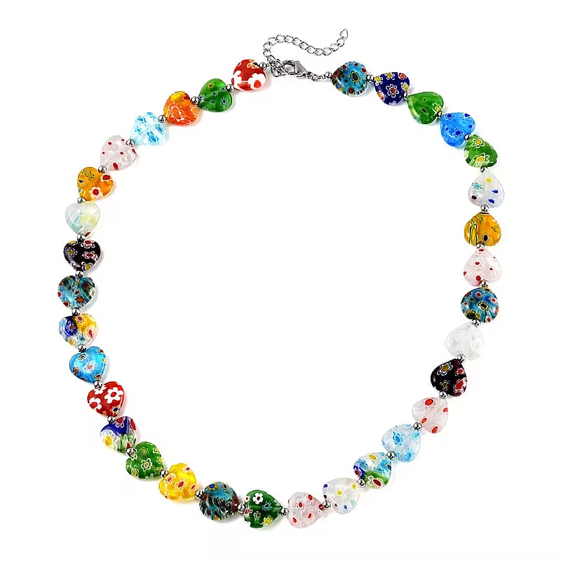 Multi Color Murano Style Heart Beaded Necklace in Stainless Steel 18-20 Inches