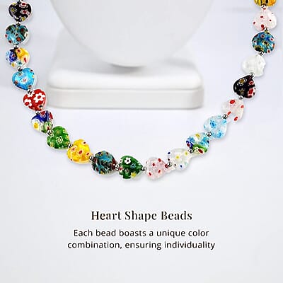 Multi Color Murano Style Heart Beaded Necklace in Stainless Steel 18-20 Inches