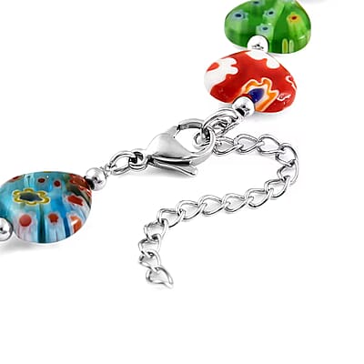 Multi Color Murano Style Heart Beaded Necklace in Stainless Steel 18-20 Inches