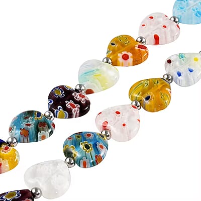 Multi Color Murano Style Heart Beaded Necklace in Stainless Steel 18-20 Inches