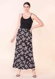 Tamsy Black Floral Print Staple Skirt - L