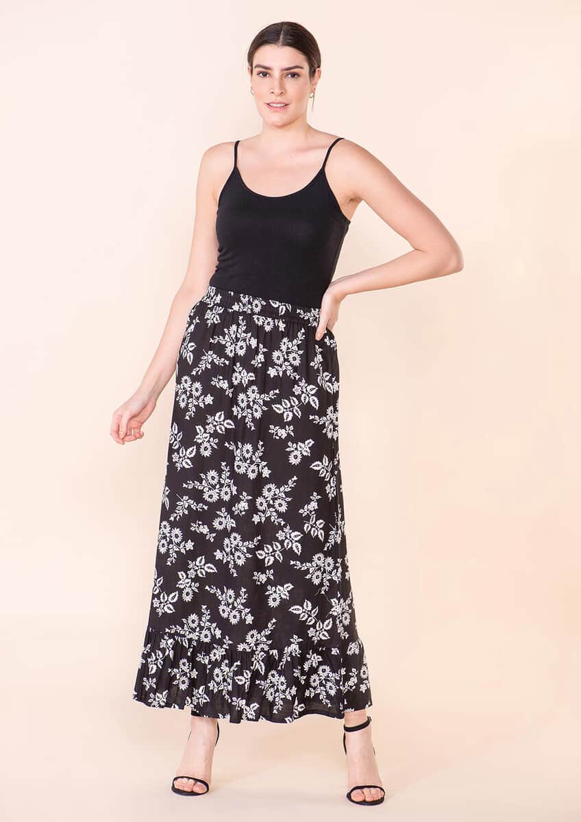Tamsy Black Floral Print Staple Skirt - L image number 0