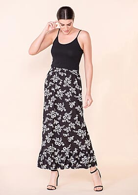 Tamsy Black Floral Print Staple Skirt - L