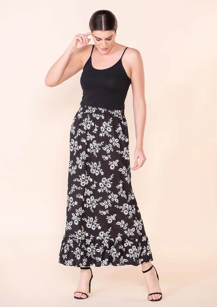 Tamsy Black Floral Print Staple Skirt - L image number 2
