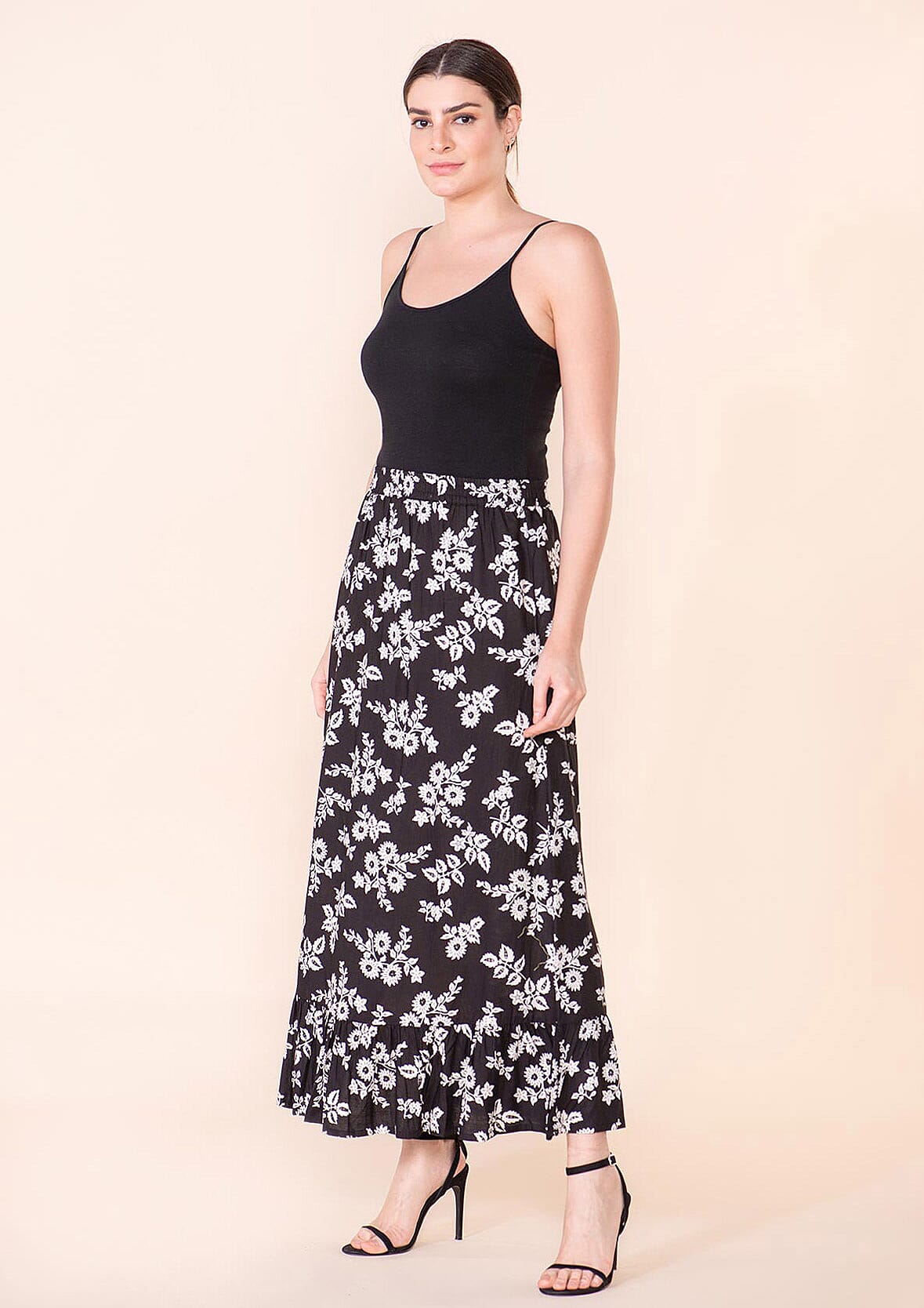 Tamsy Black Floral Print Staple Skirt - L