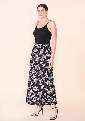 Tamsy Black Floral Print Staple Skirt - L