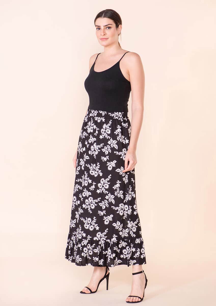 Tamsy Black Floral Print Staple Skirt - L image number 3