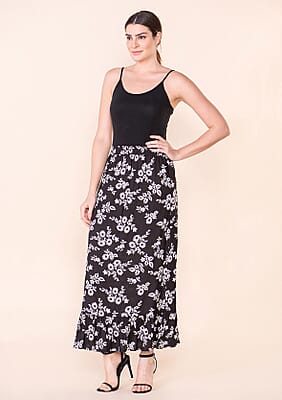 Tamsy Black Floral Print Staple Skirt - L