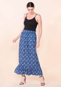 Tamsy Blue Floral Printed Staple Skirt - L