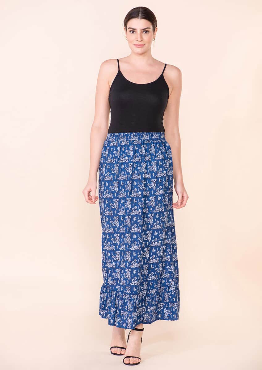 Tamsy Blue Floral Printed Staple Skirt - L image number 2
